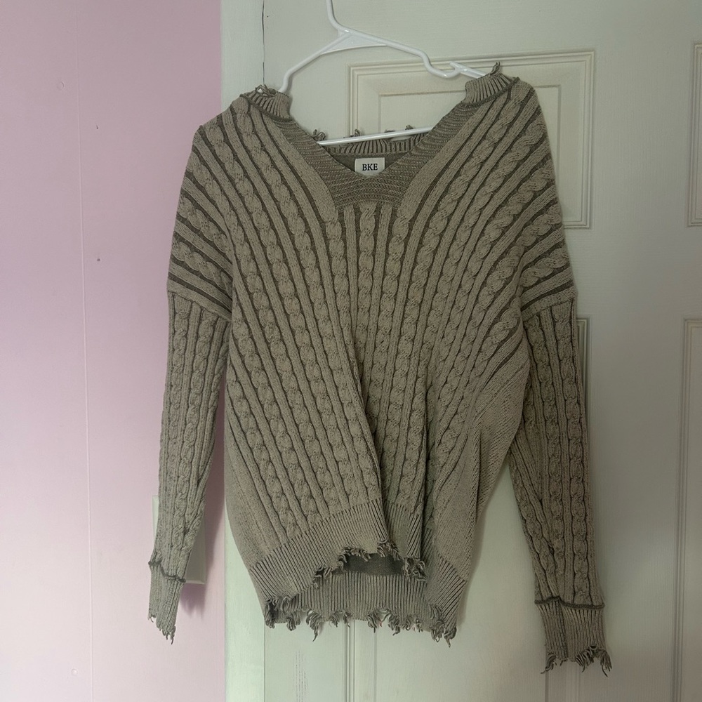 BKE Taupe V-Neck Cable Knit Sweater